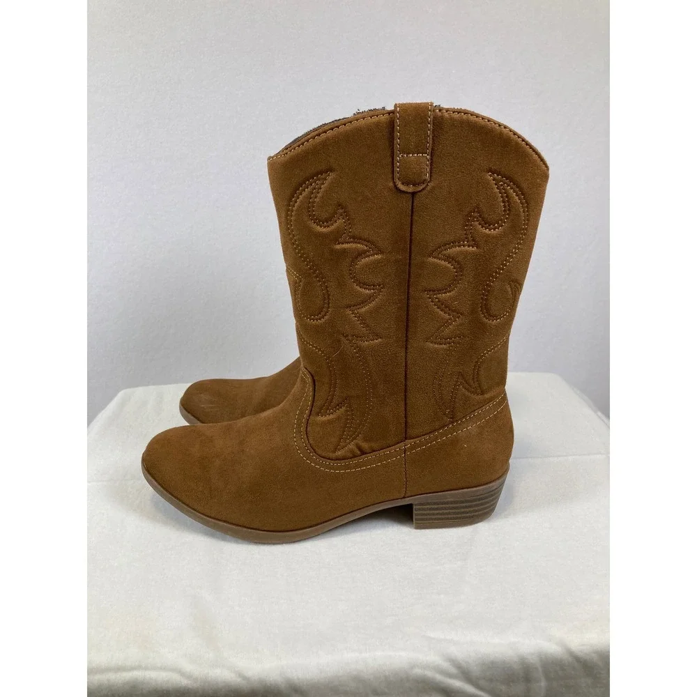 Sonoma‎ Parker Western Cowboy Boots Girls Size 6 Cognac Brown Faux Suede Zip